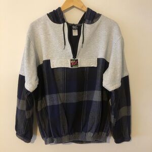 Surf Style 90's Half Flannel Gray and Purple Plaid Pullover Drawstring Hoodie OS
